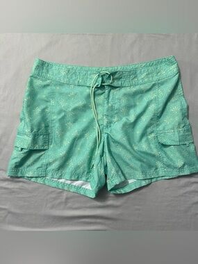 Natural Reflections Board Shorts Womens 14 Green Geometric Cargo Swim Trunks